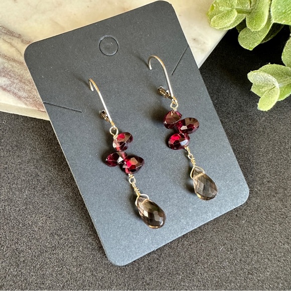 Smoky Quartz and Red Garnet Earrings 14k Gold Lever back Gemstone Crystal Dangle - Picture 6 of 6